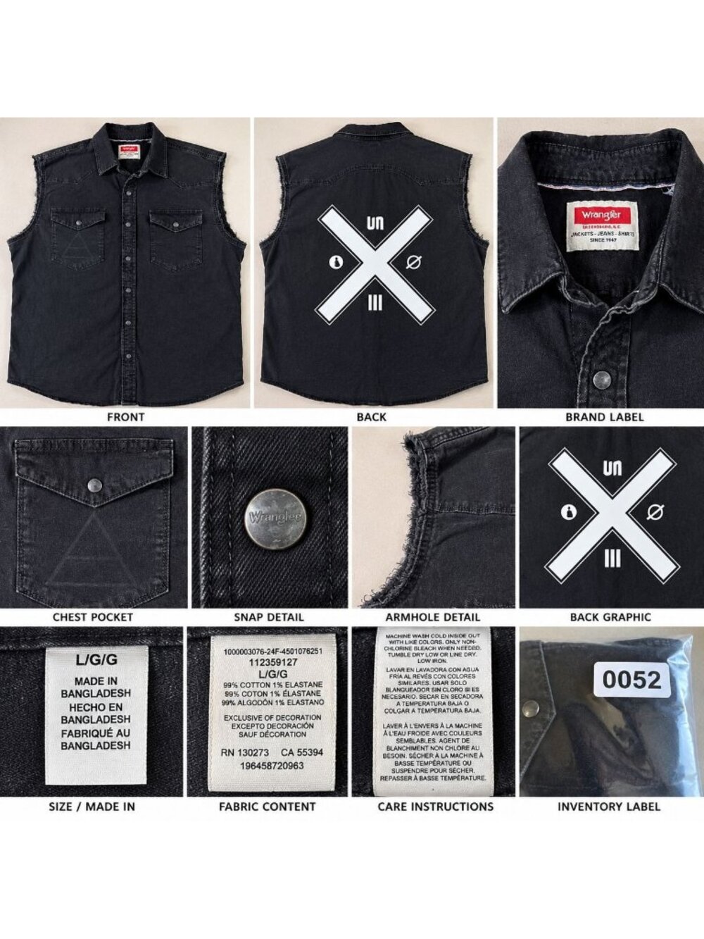 HK52 - Wrangler Men’s L Black Cut-Off Western Snap Vest 30 Seconds to Mars Graph